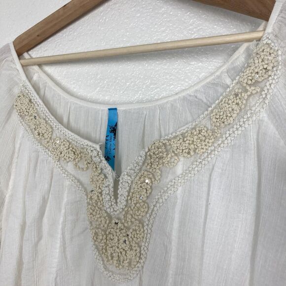 Free People Shirt Womens Large cream Boho Peasant Tunic Embroidered Beaded - Picture 11 of 16